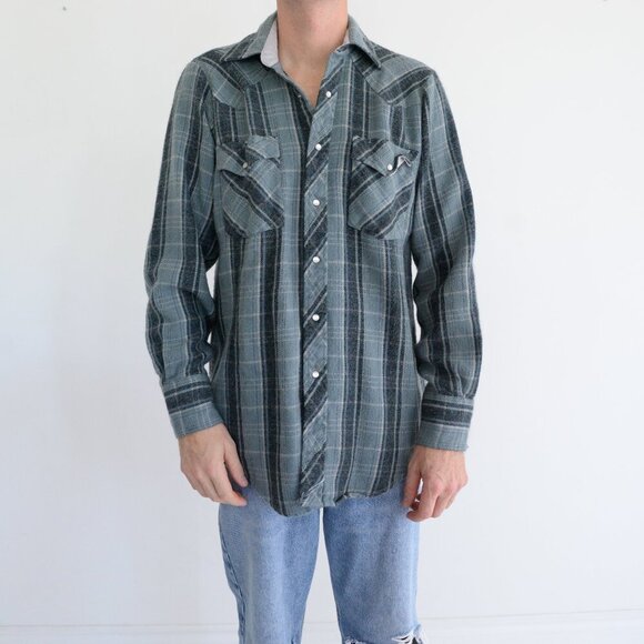 Vintage Williams Bay Green And Blue Checker Tartan Western Button Up Shirt 15.5 - Picture 1 of 11